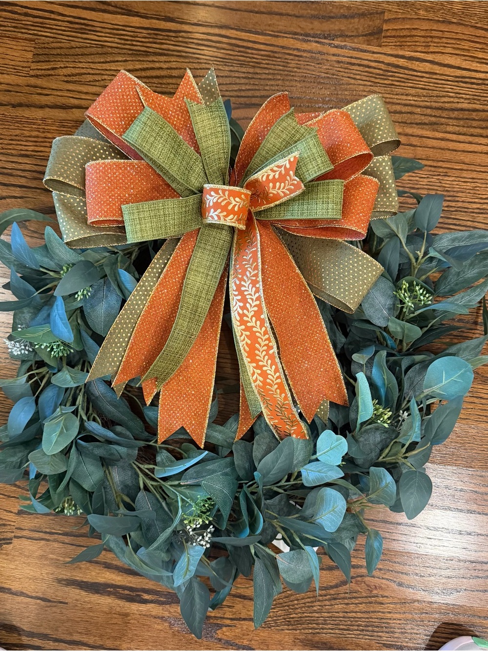 Green and Orange Holiday Wreath Bow by